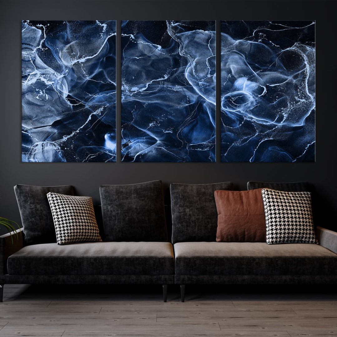 Large Blue Marble Smokey Effect Wall Art Modern Abstract Canvas Print