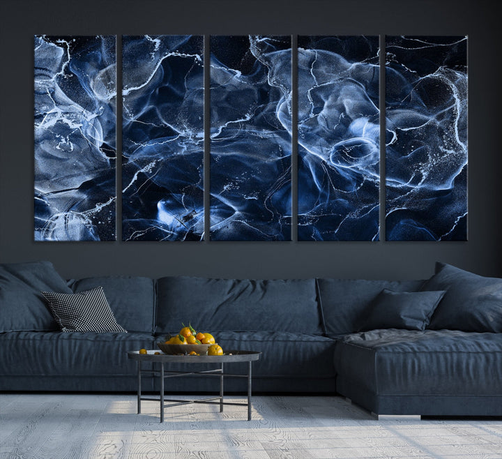 Large Blue Marble Smokey Effect Wall Art Modern Abstract Canvas Print