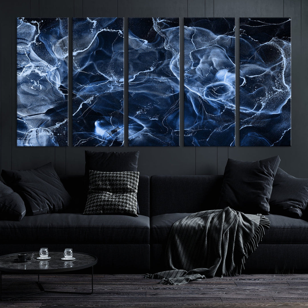 Large Blue Marble Smokey Effect Wall Art Modern Abstract Canvas Print