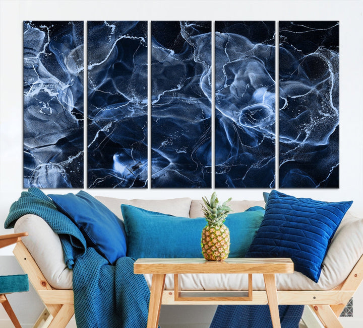 Large Blue Marble Smokey Effect Wall Art Modern Abstract Canvas Print