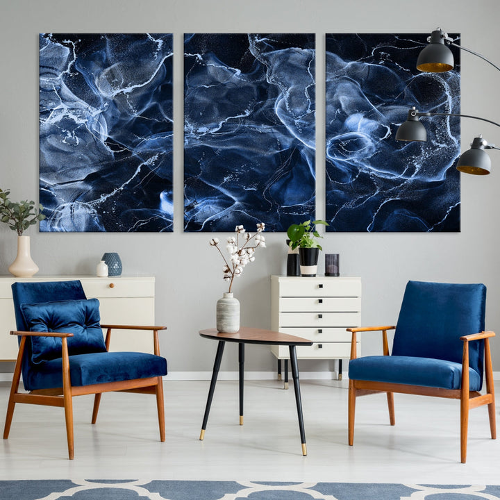 Large Blue Marble Smokey Effect Wall Art Modern Abstract Canvas Print