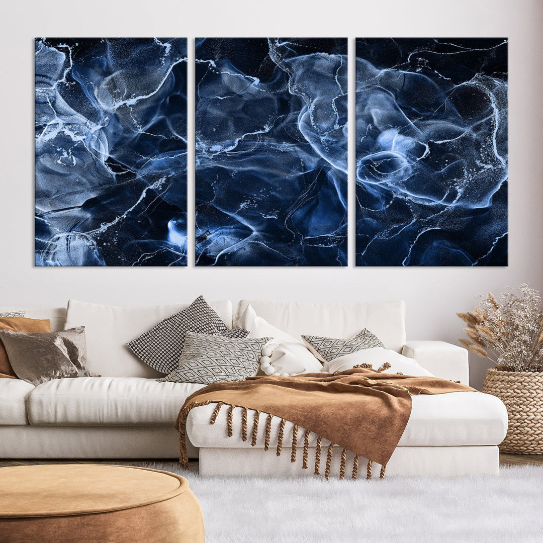 Large Blue Marble Smokey Effect Wall Art Modern Abstract Canvas Print