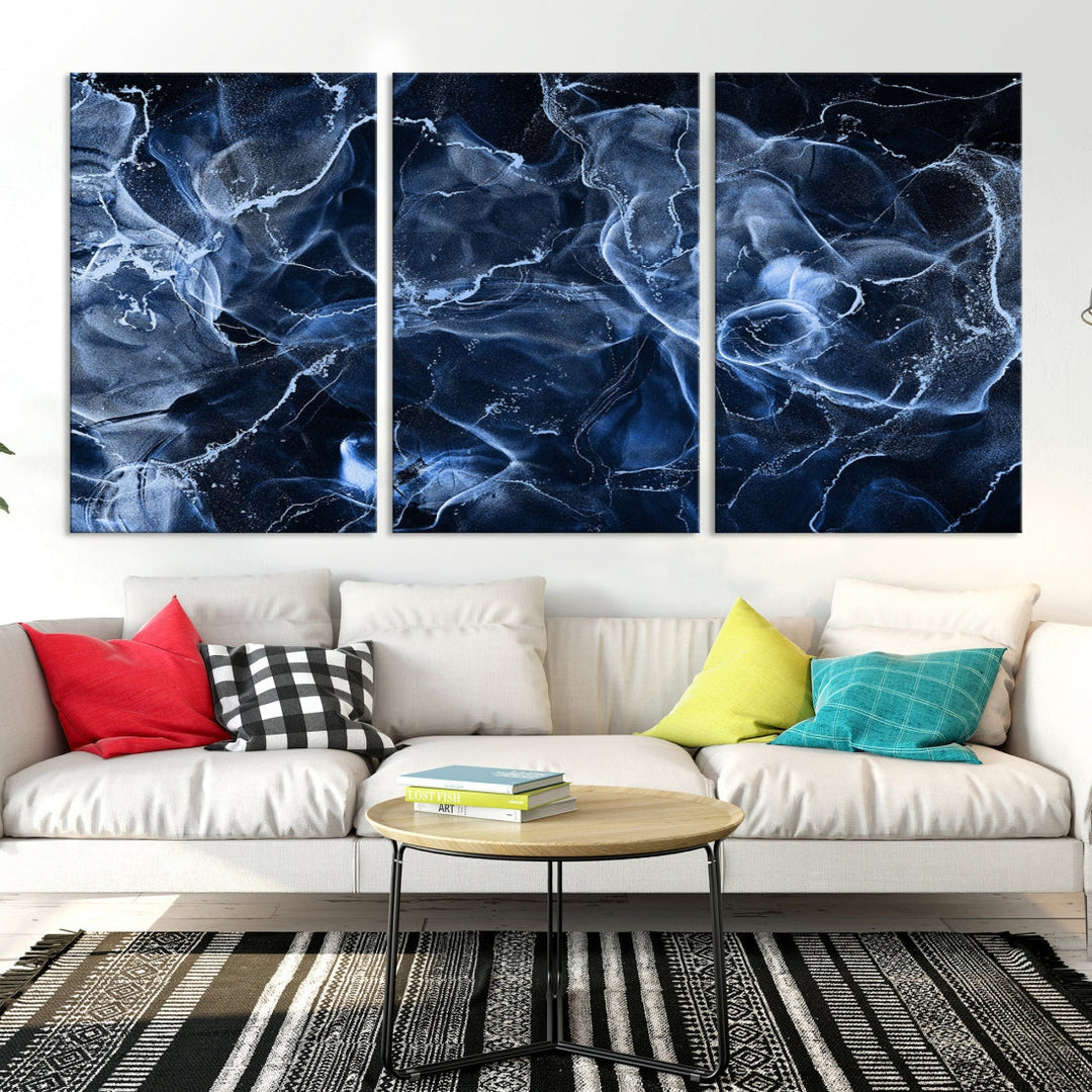 Large Blue Marble Smokey Effect Wall Art Modern Abstract Canvas Print