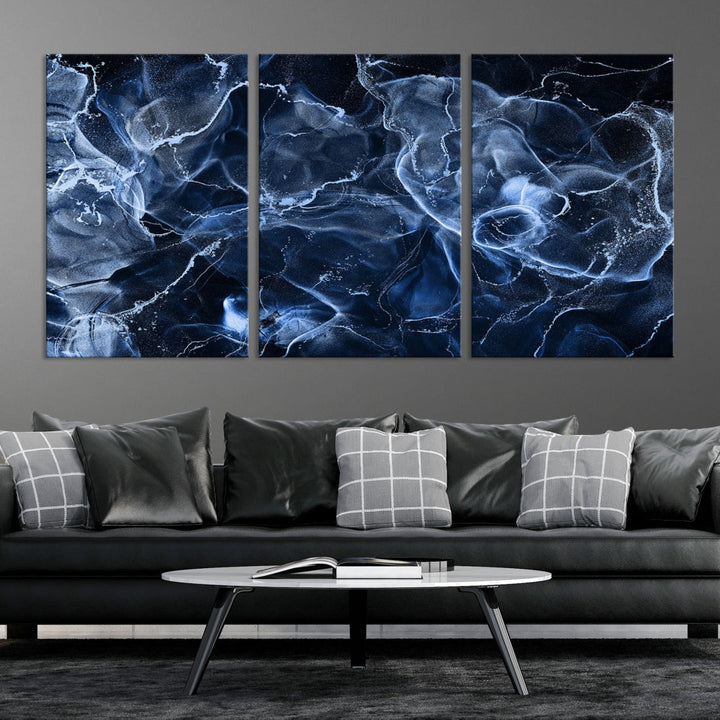 Large Blue Marble Smokey Effect Wall Art Modern Abstract Canvas Print