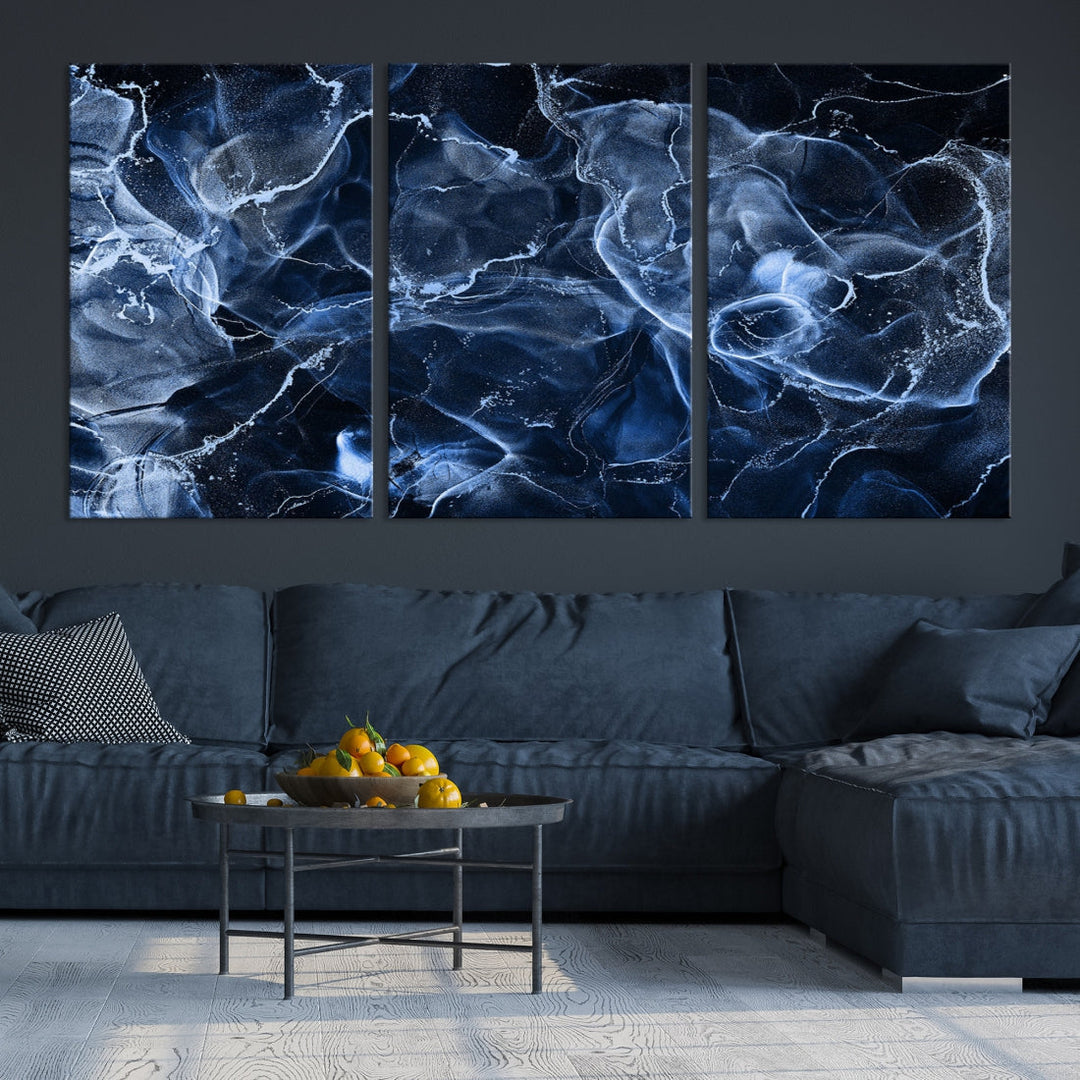 Large Blue Marble Smokey Effect Wall Art Modern Abstract Canvas Print