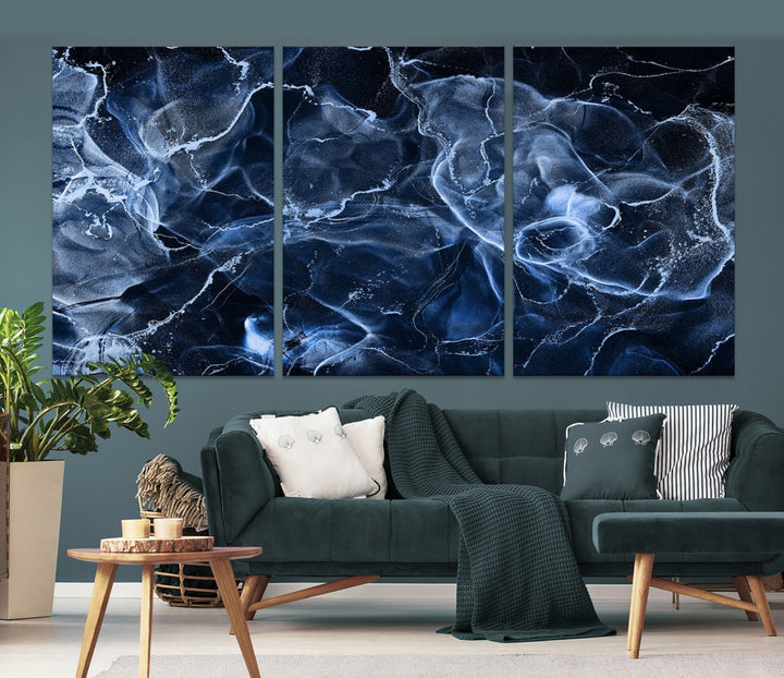 Large Blue Marble Smokey Effect Wall Art Modern Abstract Canvas Print