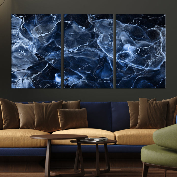 Large Blue Marble Smokey Effect Wall Art Modern Abstract Canvas Print