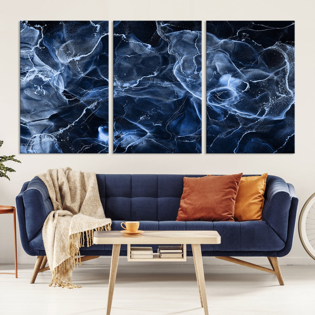 Large Blue Marble Smokey Effect Wall Art Modern Abstract Canvas Print