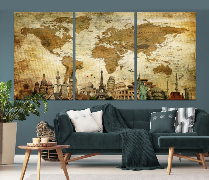 Large Brown World Map Wall Art Canvas Modern Giclee Print