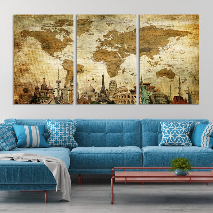 Large Brown World Map Wall Art Canvas Modern Giclee Print