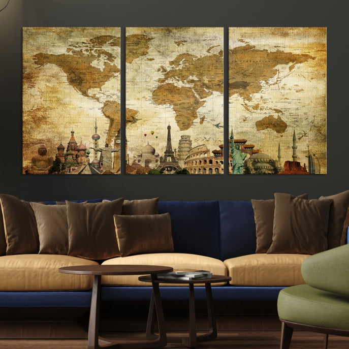 Large Brown World Map Wall Art Canvas Modern Giclee Print