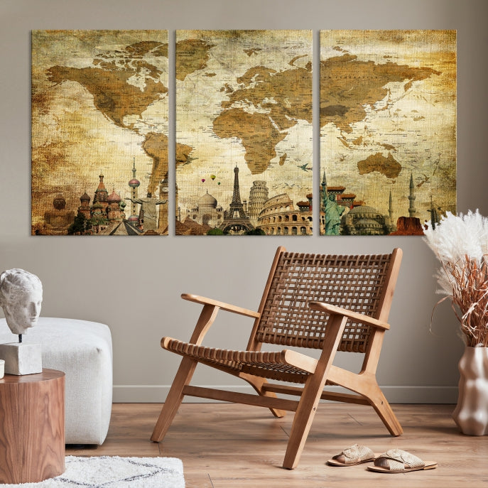 Large Brown World Map Wall Art Canvas Modern Giclee Print