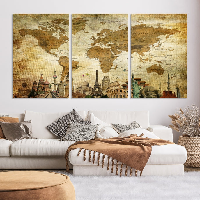 Large Brown World Map Wall Art Canvas Modern Giclee Print