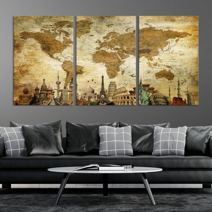 Large Brown World Map Wall Art Canvas Modern Giclee Print