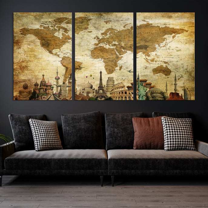 Large Brown World Map Wall Art Canvas Modern Giclee Print