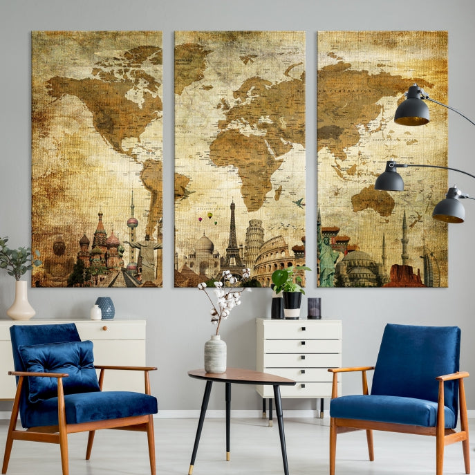 Large Brown World Map Wall Art Canvas Modern Giclee Print