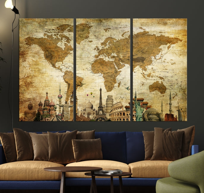 Large Brown World Map Wall Art Canvas Modern Giclee Print