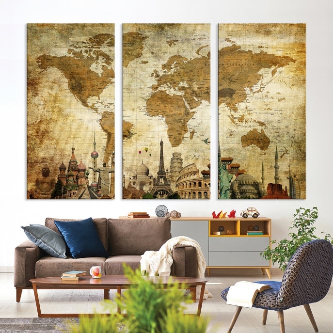 Large Brown World Map Wall Art Canvas Modern Giclee Print