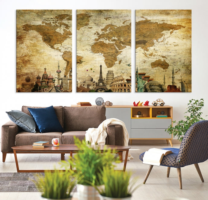 Large Brown World Map Wall Art Canvas Modern Giclee Print