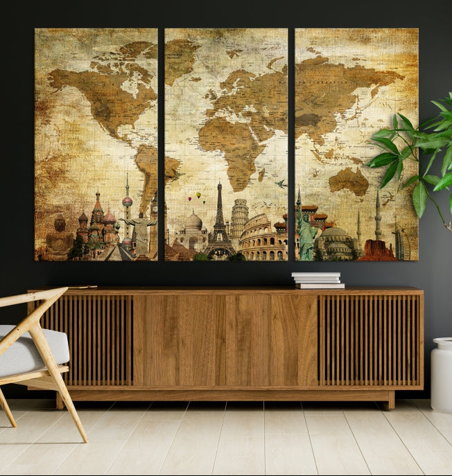 Large Brown World Map Wall Art Canvas Modern Giclee Print