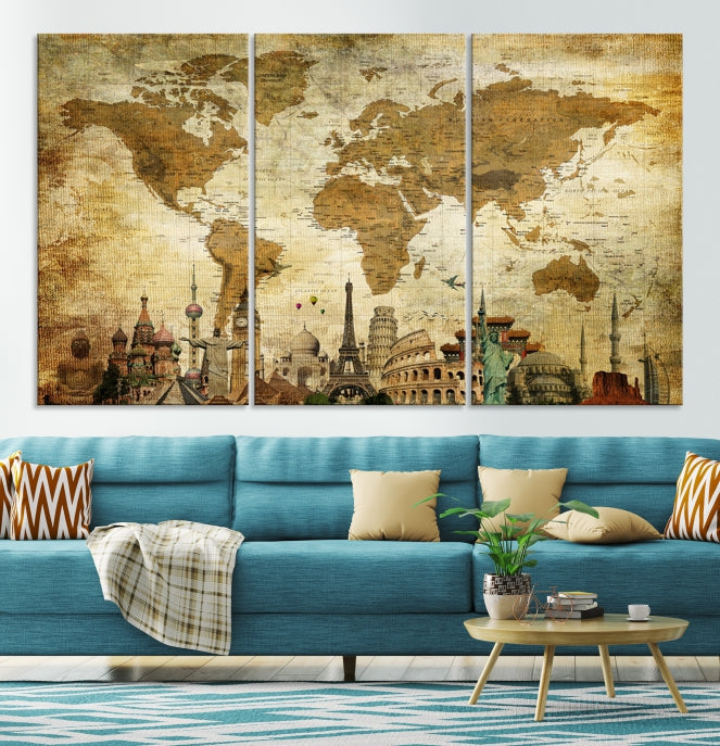 Large Brown World Map Wall Art Canvas Modern Giclee Print