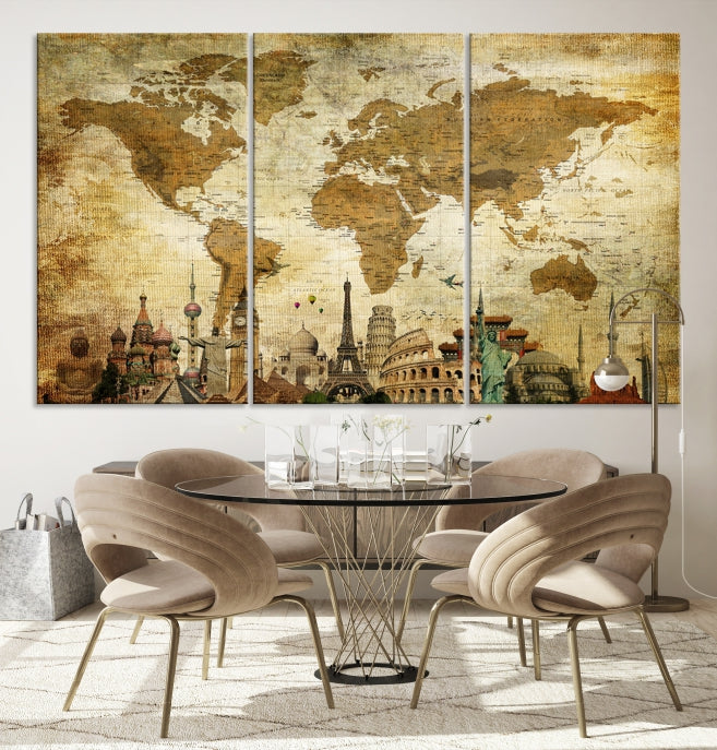 Large Brown World Map Wall Art Canvas Modern Giclee Print