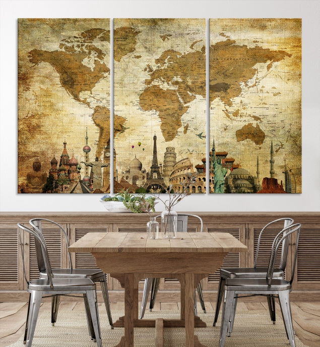 Large Brown World Map Wall Art Canvas Modern Giclee Print