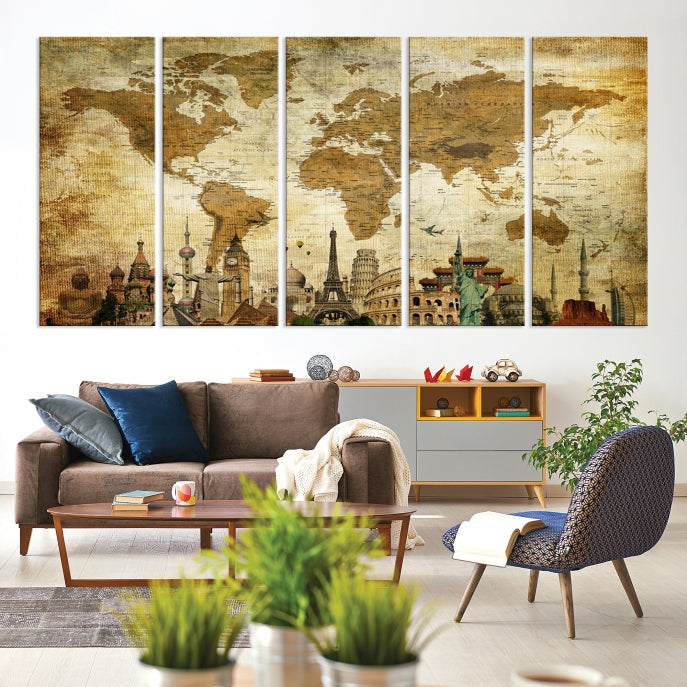 Large Brown World Map Wall Art Canvas Modern Giclee Print