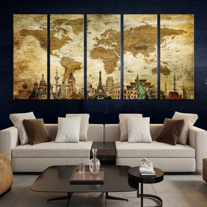 Large Brown World Map Wall Art Canvas Modern Giclee Print