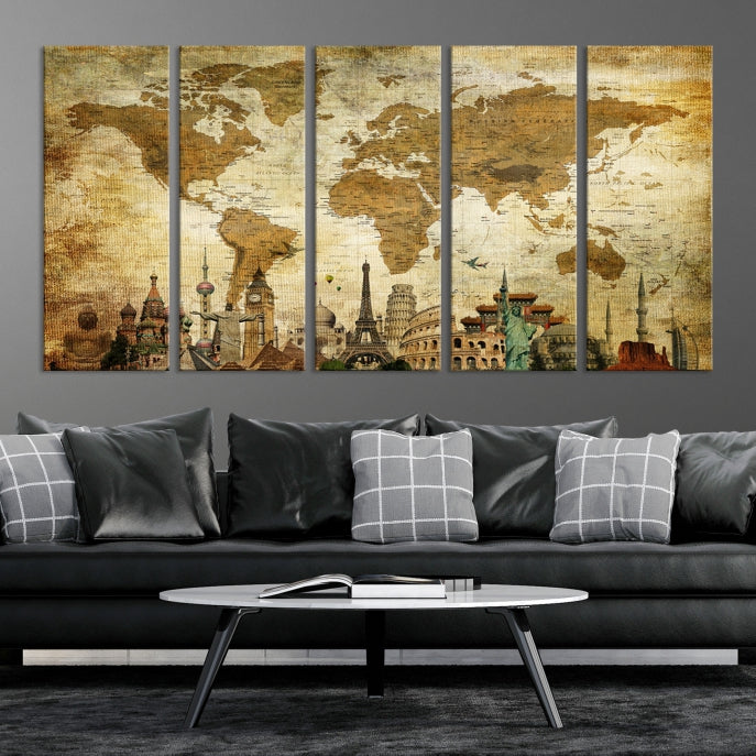 Large Brown World Map Wall Art Canvas Modern Giclee Print