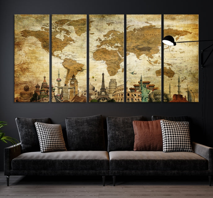 Large Brown World Map Wall Art Canvas Modern Giclee Print