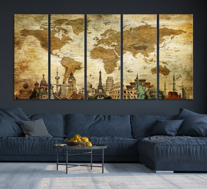 Large Brown World Map Wall Art Canvas Modern Giclee Print