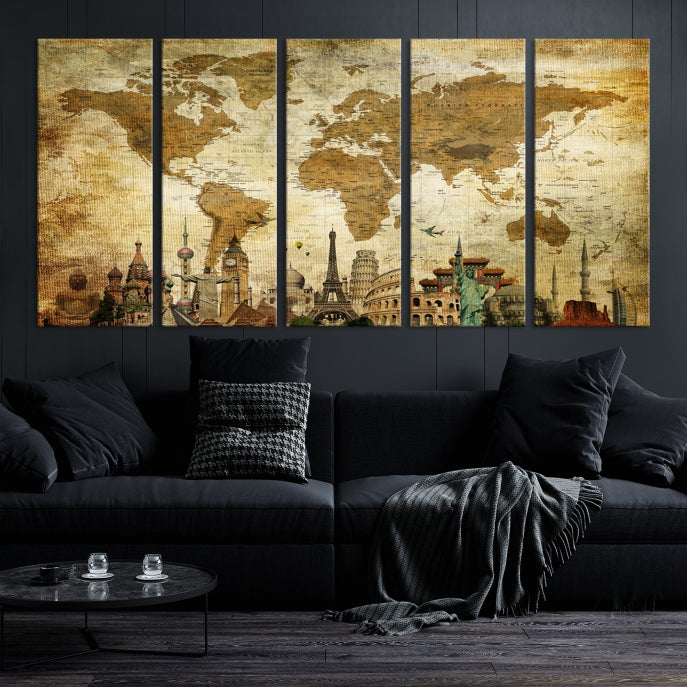 Large Brown World Map Wall Art Canvas Modern Giclee Print