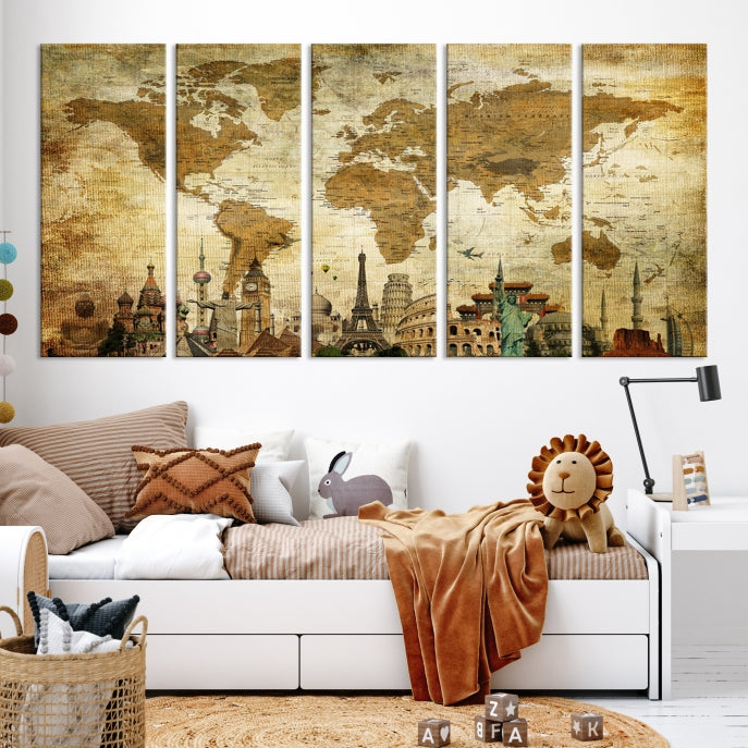 Large Brown World Map Wall Art Canvas Modern Giclee Print