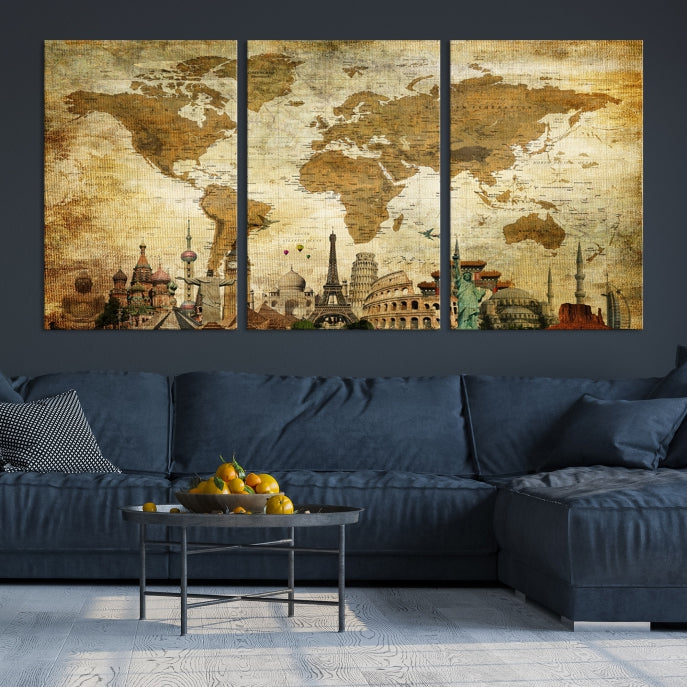 Large Brown World Map Wall Art Canvas Modern Giclee Print