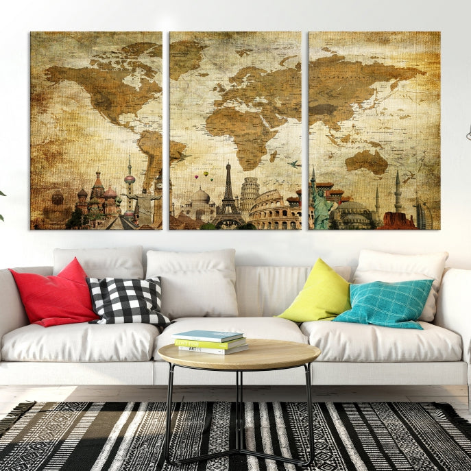 Large Brown World Map Wall Art Canvas Modern Giclee Print