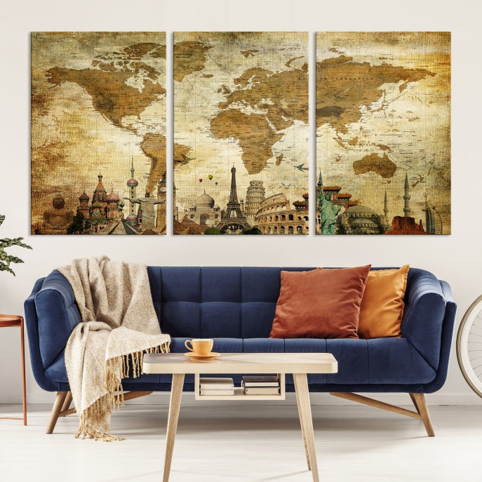 Large Brown World Map Wall Art Canvas Modern Giclee Print