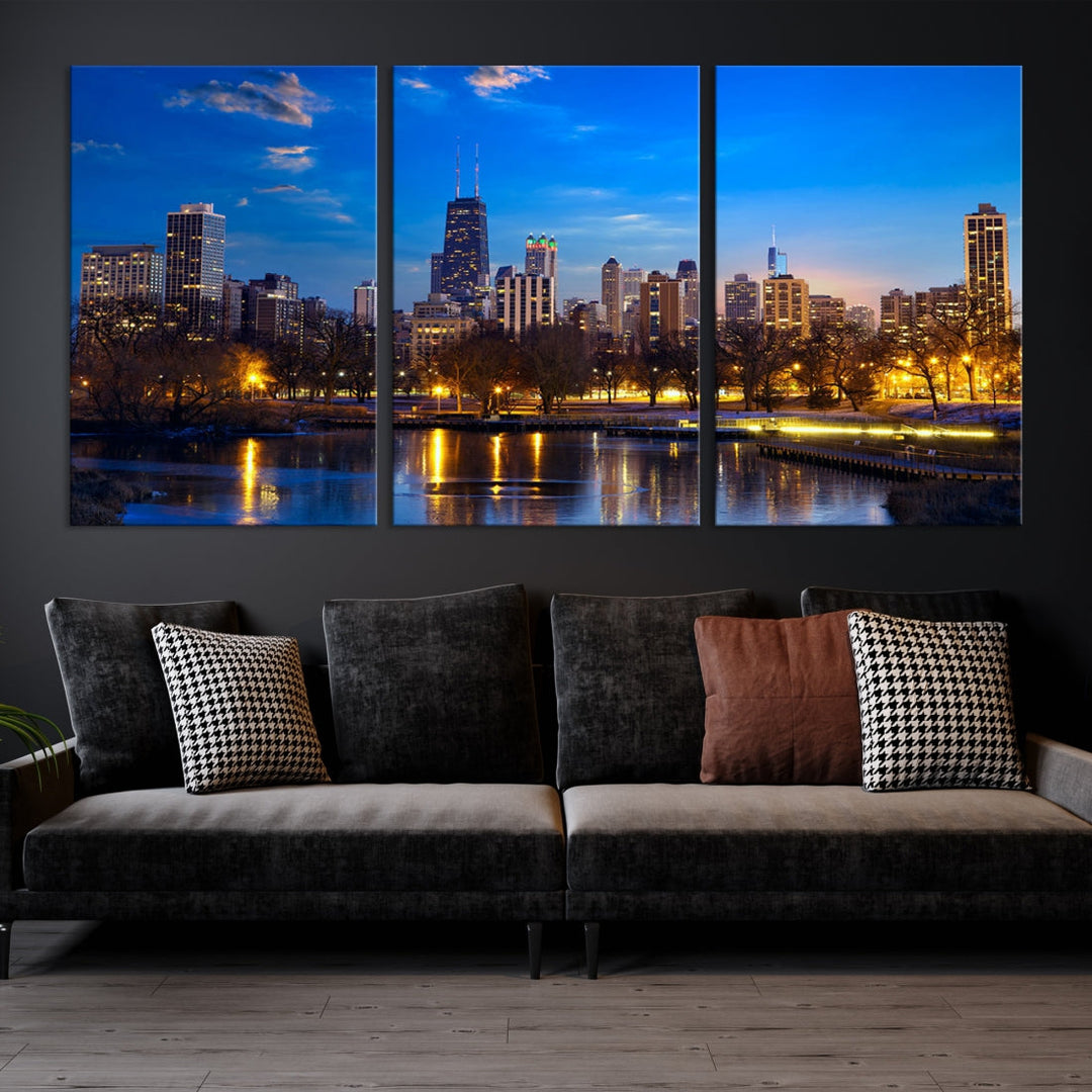 Large Chicago Skyline Wall Art Night Cityscape Canvas Print Home Decor