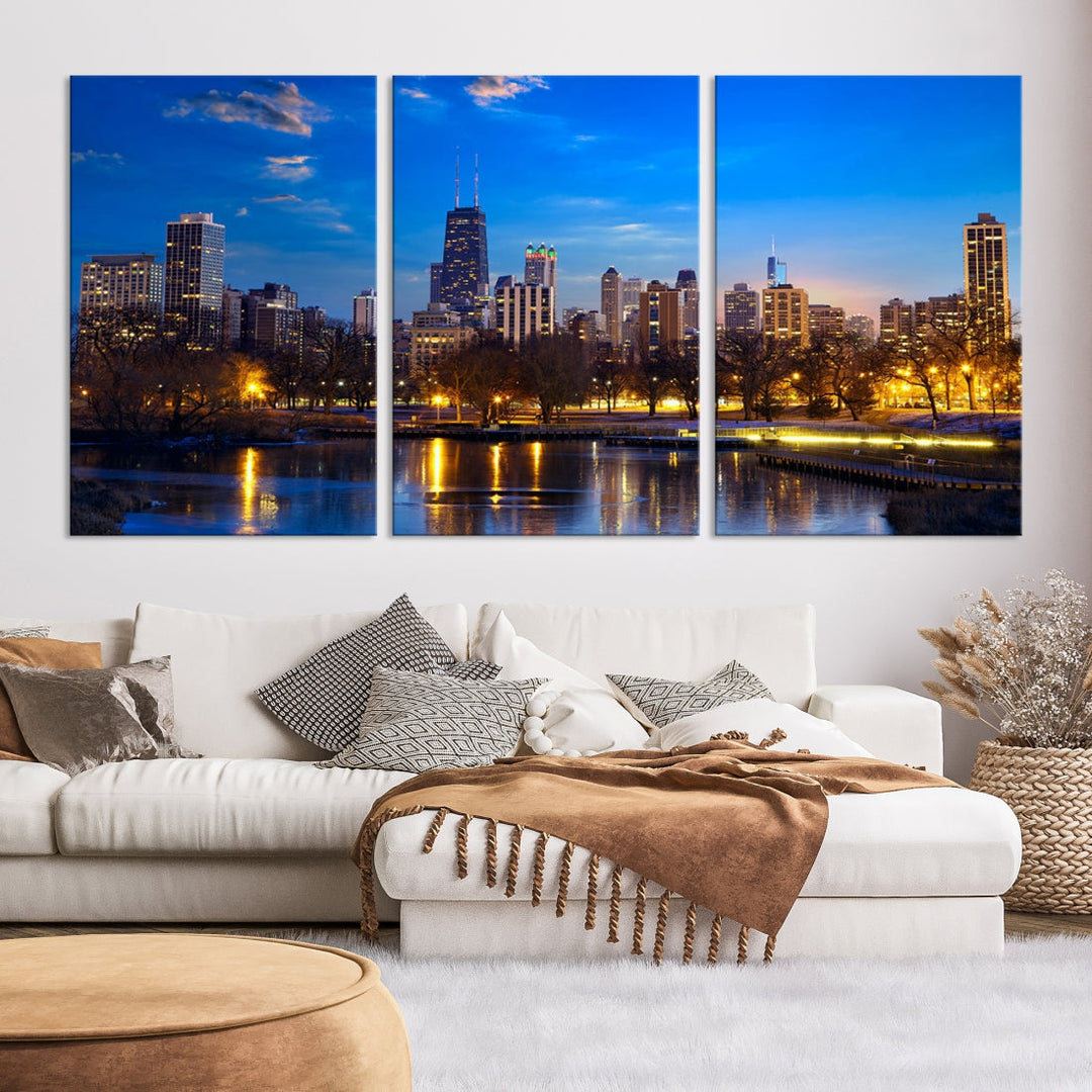 Large Chicago Skyline Wall Art Night Cityscape Canvas Print Home Decor