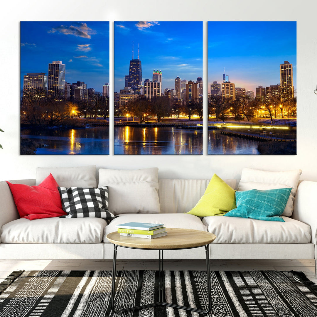 Large Chicago Skyline Wall Art Night Cityscape Canvas Print Home Decor