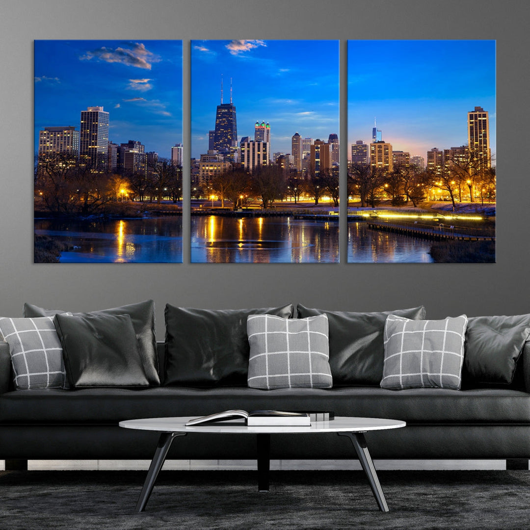 Large Chicago Skyline Wall Art Night Cityscape Canvas Print Home Decor