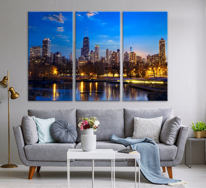 Large Chicago Skyline Wall Art Night Cityscape Canvas Print Home Decor