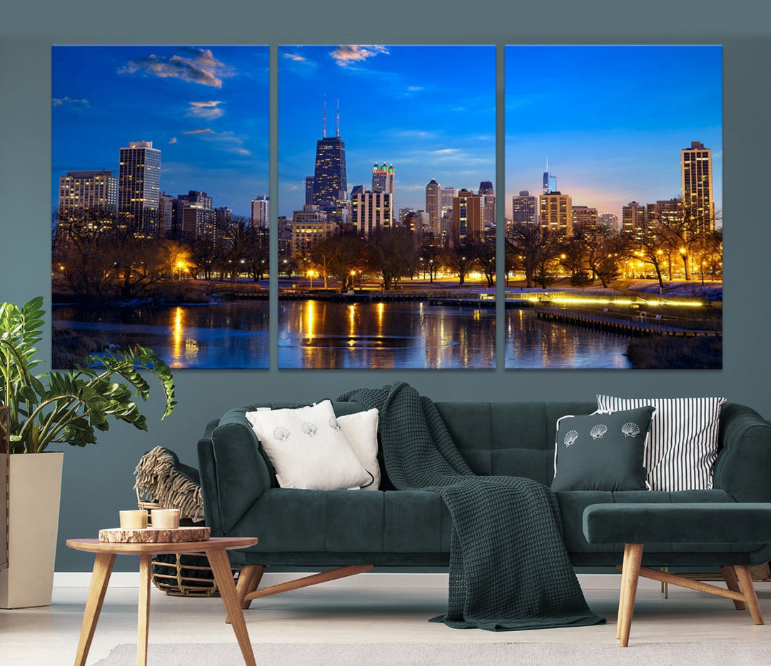 Large Chicago Skyline Wall Art Night Cityscape Canvas Print Home Decor