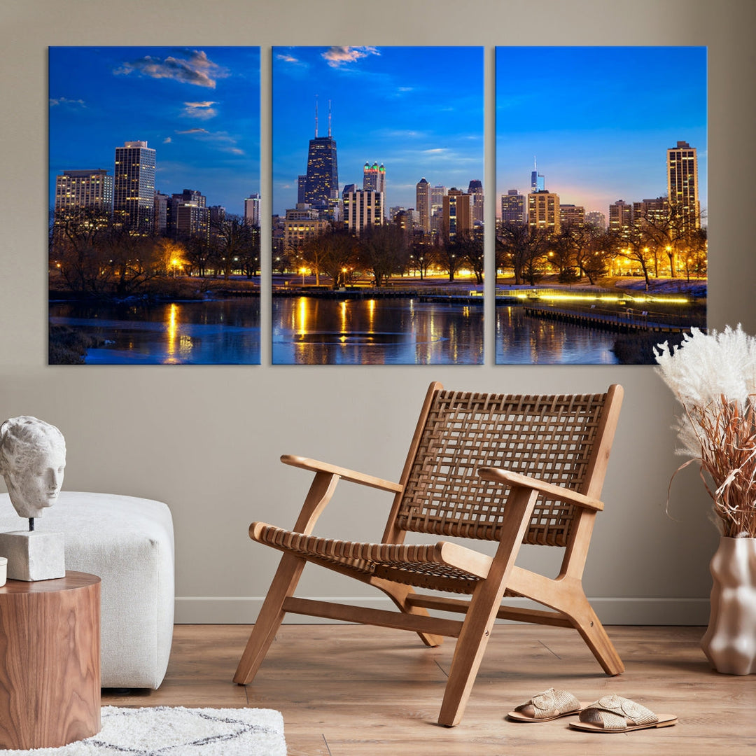 Large Chicago Skyline Wall Art Night Cityscape Canvas Print Home Decor