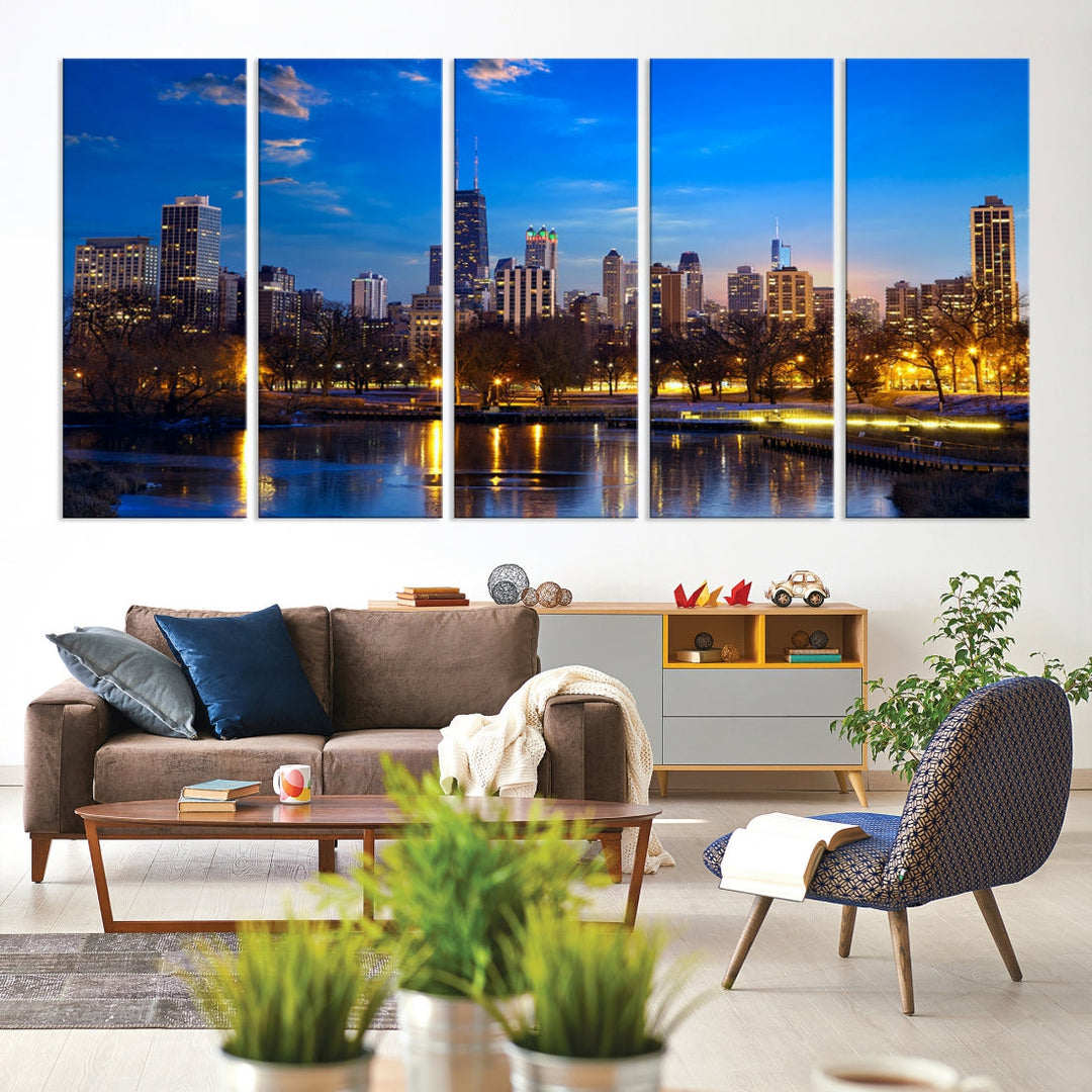 Large Chicago Skyline Wall Art Night Cityscape Canvas Print Home Decor