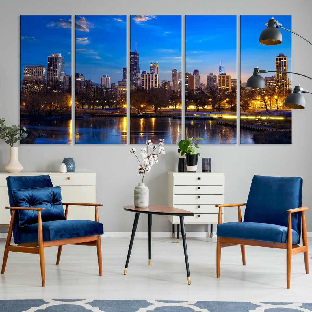 Large Chicago Skyline Wall Art Night Cityscape Canvas Print Home Decor