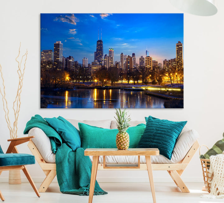 Large Chicago Skyline Wall Art Night Cityscape Canvas Print Home Decor