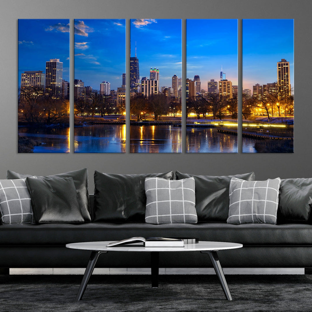 Large Chicago Skyline Wall Art Night Cityscape Canvas Print Home Decor