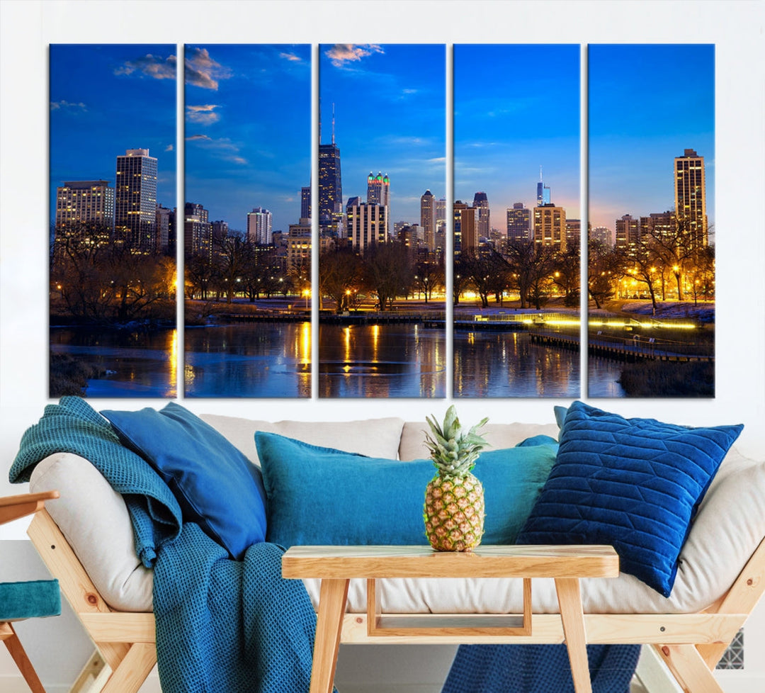 Large Chicago Skyline Wall Art Night Cityscape Canvas Print Home Decor