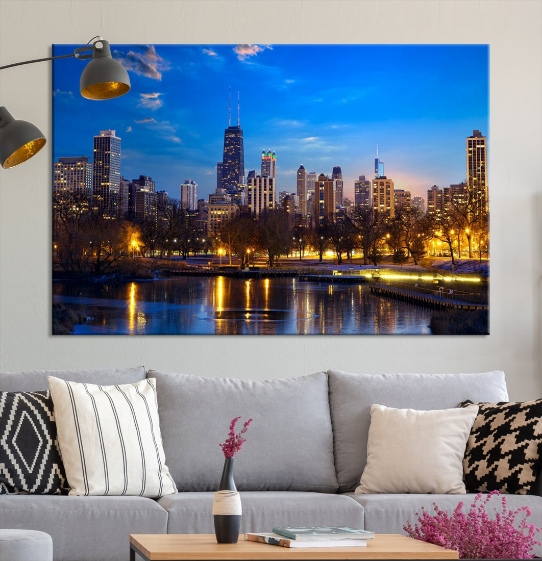 Large Chicago Skyline Wall Art Night Cityscape Canvas Print Home Decor